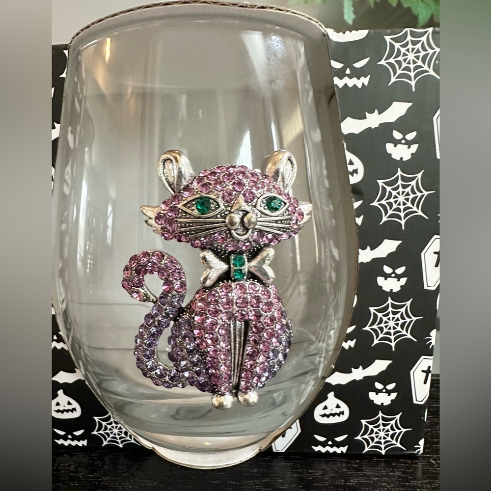 Stemless Wine Glasses - Set of 2 - Pink Purple Rhinestone Cat - NEW - Picture 3 of 6